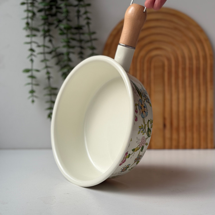 ماهی تابه لعابی دسته چوبی طرح گلبهار